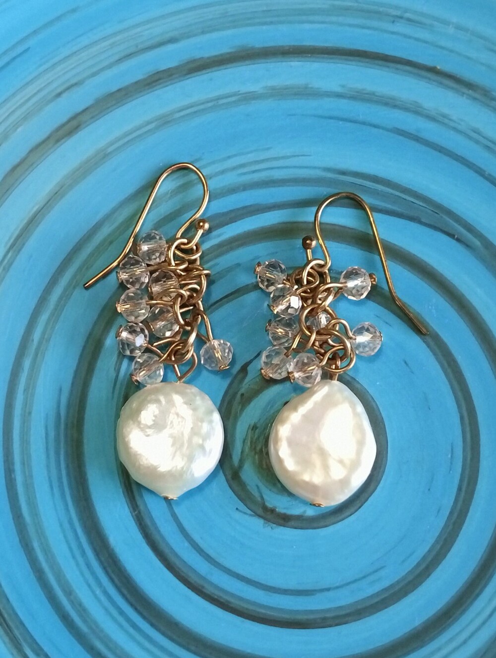 Mother of Pearl and Pink Crystal Gold Dangle Earrings